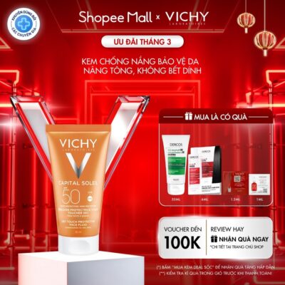 Kem chống nắng không nhờn rít, nâng tông tự nhiên, mỏng nhẹ SPF 50+ UVA & UVB Vichy Capital Soleil Dry Touch
