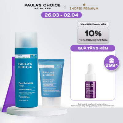 Bộ đôi Toner chứa Niacinamide thu nhỏ lỗ chân lông và Kem dưỡng ẩm dạng Gel Paula's Choice kiềm dầu 1350-3400